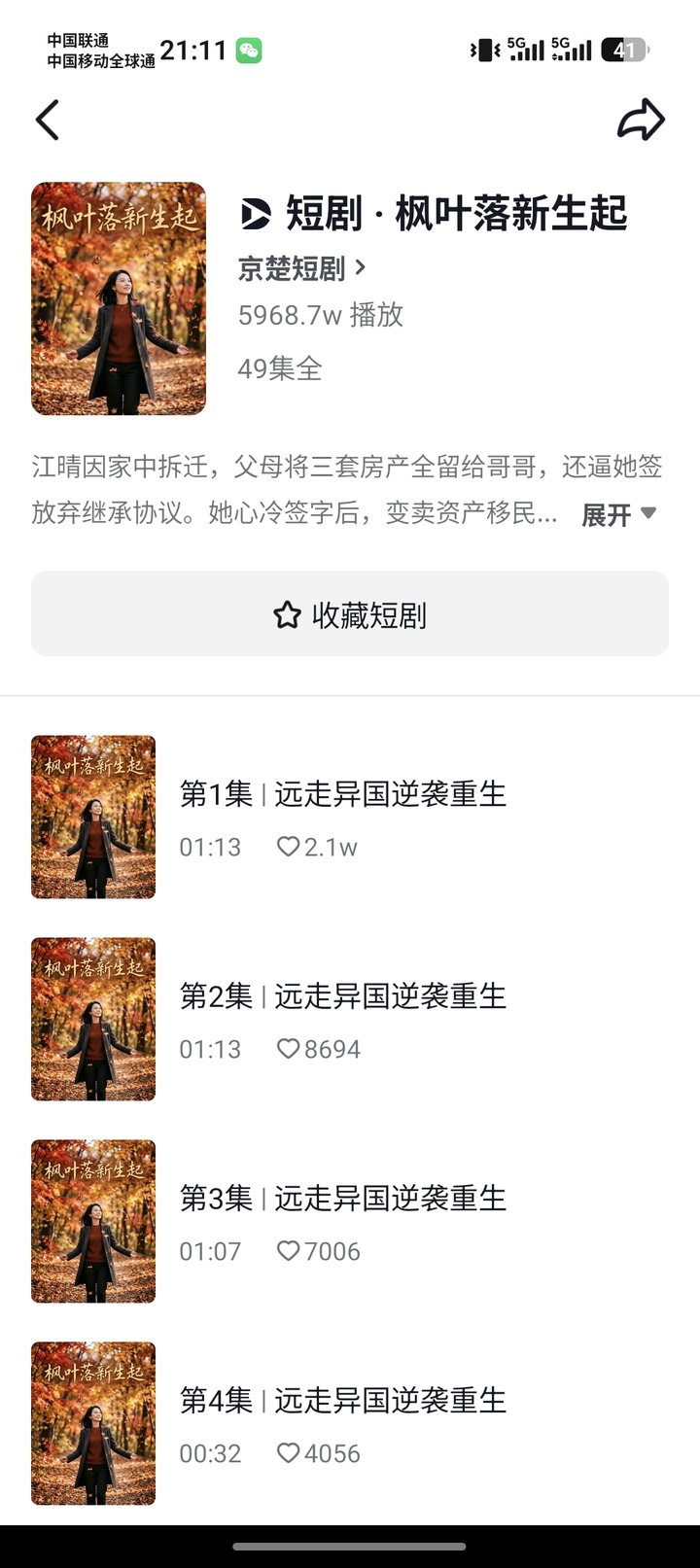 《枫叶落新生起》5968.7 万播放数据截图
